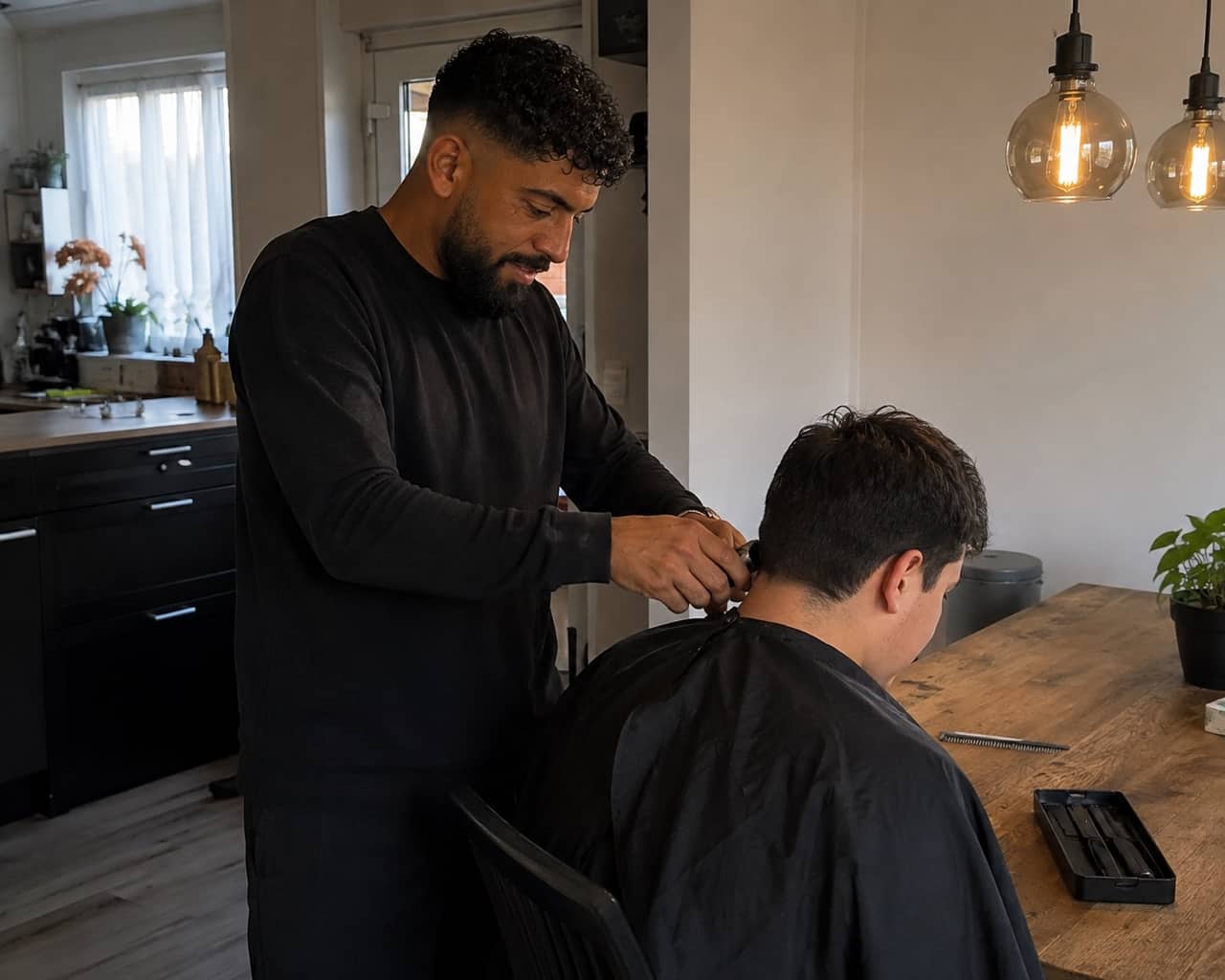 De kapper knipt een jongen aan de keukentafel bij hem thuis. De jongen heeft een zwarte kappersmantel om, het gereedschap ligt naast hem op tafel.